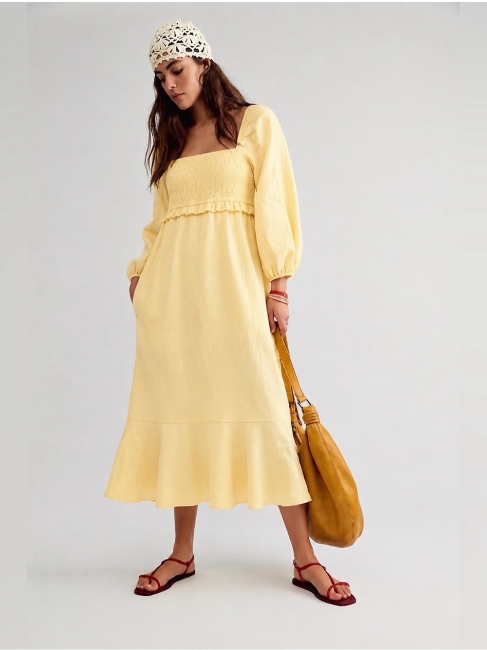 7 For All Mankind Yellow Cotton Linen Midi Dress Size Small Ruffle